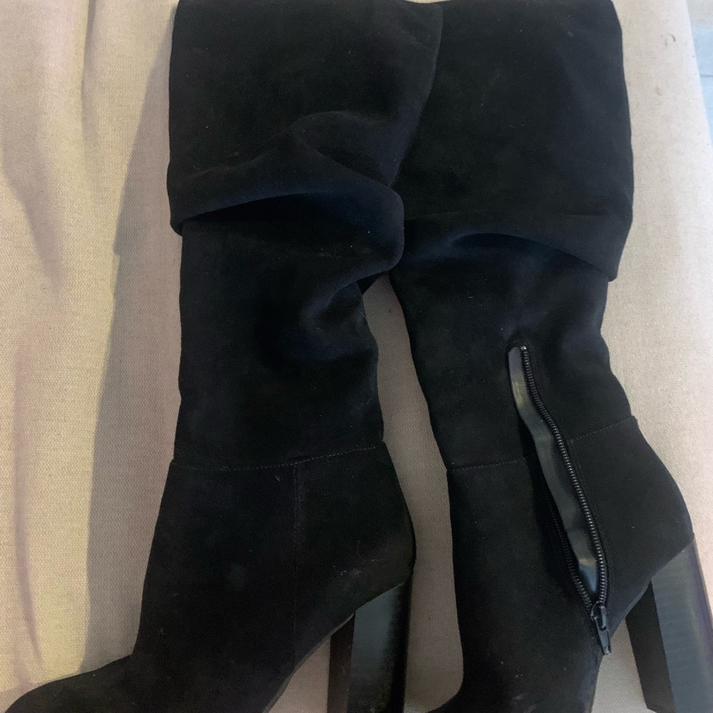 Forever 21 Black Suede Knee-High Heeled Boots